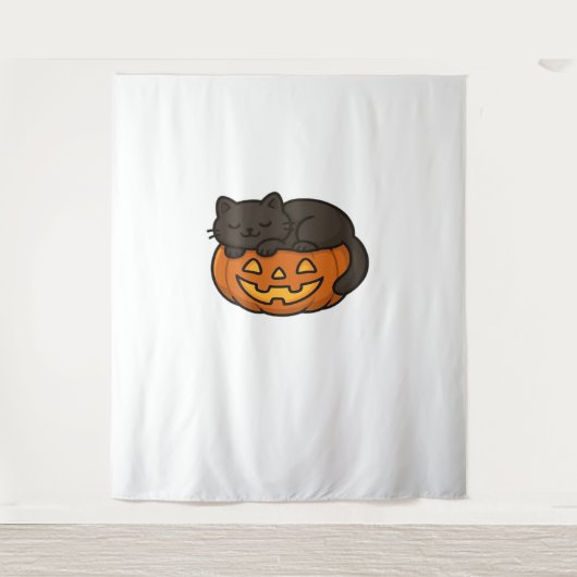 Schattigee Sleepy Black Cat op een pompoen Hallowe Wandkleed (Voorkant)