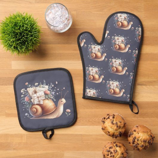 Schattigee Snail Mail Bloemen Pastel Illustratie Ovenwant & Pannenlap Set (Top down)