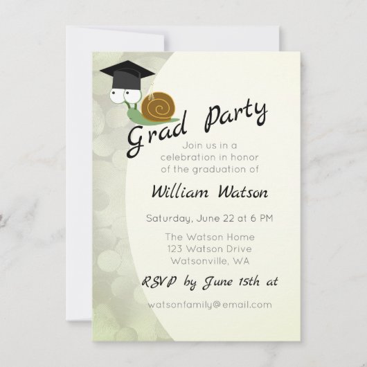 Schattigee Snail Thema Graduation Party Invitation Kaart (Voorkant)