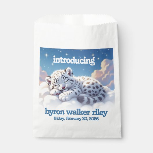 Schattigee sneeuwluipaard slaapt op wolken Baby sh Bedankzakje (Voorkant)