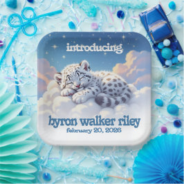 Schattigee sneeuwluipaard slaapt op wolken Baby sh Papieren Bordje