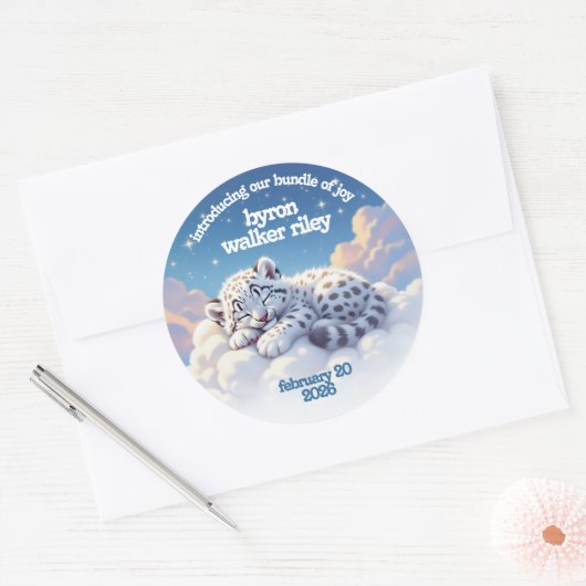 Schattigee sneeuwluipaard slaapt op wolken Baby sh Ronde Sticker (Envelop)