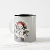 Schattigee Sneeuwman 3D achter- en voorzijde uitzi Tweekleurige Koffiemok (Voorkant links)