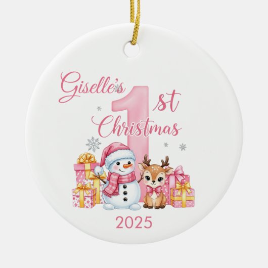 Schattigee sneeuwman Baby Girl's eerste kerst Orna Keramisch Ornament (Voorkant)