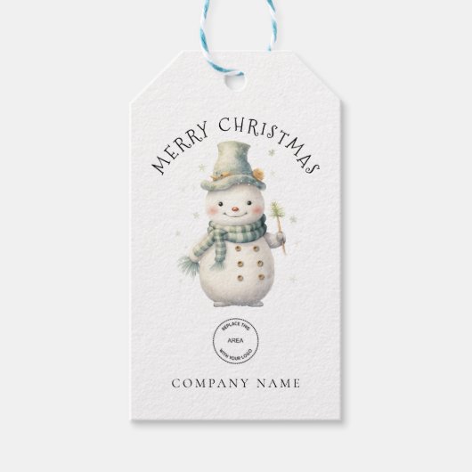 Schattigee Sneeuwman Bedrijfsnaam Logo Merry Chris Cadeaulabel (Voorkant)
