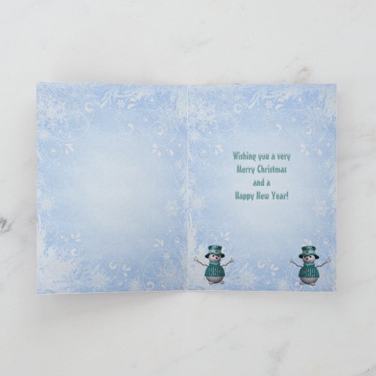 Schattigee sneeuwman, blauwe sneeuwvlokken & paill feestdagen kaart (Binnen)