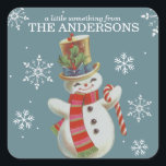 Schattigee  Sneeuwman Custom Christmas Vierkante Sticker<br><div class="desc">Deze leuke stickers zijn voorzien van een schattige mid-century vrolijke sneeuwman in gouden tophat en rood gestreepte sjaal met een snoepriet tegen een blauwe leisteen achtergrond met sneeuwvlokken. De woorden hierboven lezen "een beetje iets van" en voeg vervolgens uw familienaam of uw voornaam (en) toe.</div>