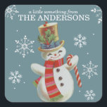 Schattigee  Sneeuwman Custom Christmas Vierkante Sticker<br><div class="desc">Deze leuke stickers zijn voorzien van een schattige mid-century vrolijke sneeuwman in gouden tophat en rood gestreepte sjaal met een snoepriet tegen een blauwe leisteen achtergrond met sneeuwvlokken. De woorden hierboven lezen "een beetje iets van" en voeg vervolgens uw familienaam of uw voornaam (en) toe.</div>