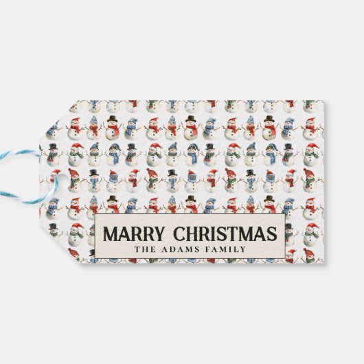 Schattigee sneeuwman Custom Merry Christmas Cadeaulabel (Achterkant Horizontaal)