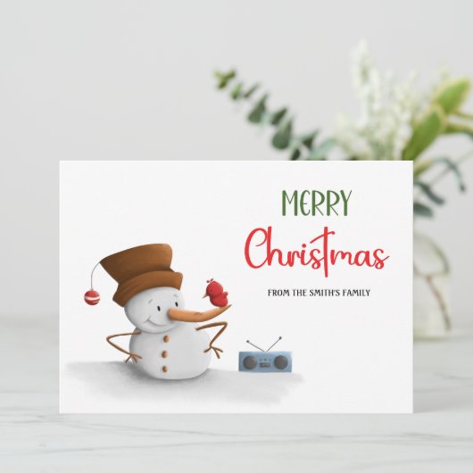 Schattigee Sneeuwman Dans Radio Kerst Feestdagenkaart (Staand voorkant)