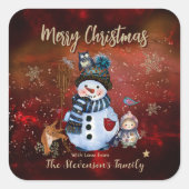 Schattigee sneeuwman, een kind en vogels Rode Plei Vierkante Sticker (Voorkant)
