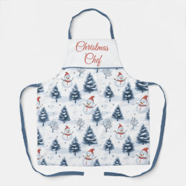 Schattigee sneeuwman en besneeuwde bomen schort