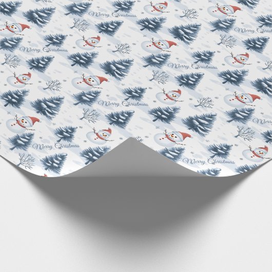 Schattigee sneeuwman en besneeuwde bomen vrolijk k cadeaupapier (Hoek)