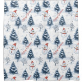 Schattigee sneeuwman en besneeuwde bomen vrolijk k douchegordijn (Voorkant)