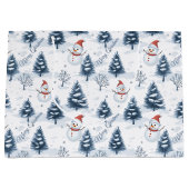 Schattigee sneeuwman en besneeuwde bomen vrolijk k groot cadeauzakje (Voorkant)