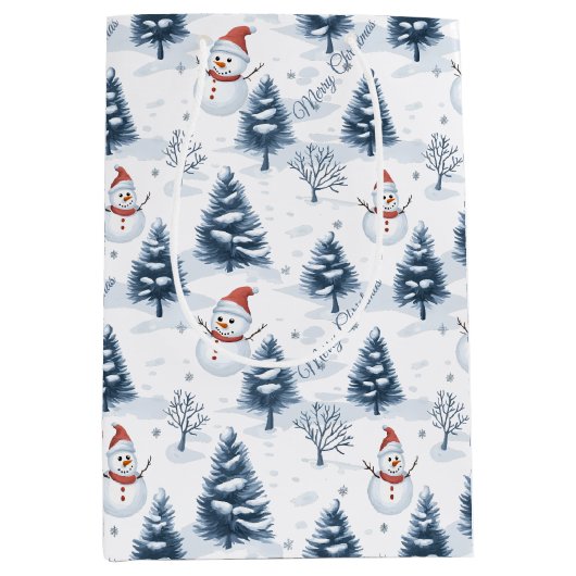 Schattigee sneeuwman en besneeuwde bomen vrolijk k medium cadeauzakje (Voorkant)