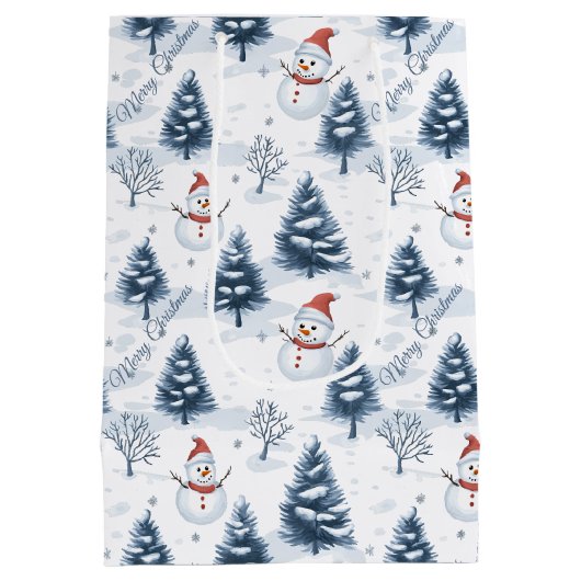 Schattigee sneeuwman en besneeuwde bomen vrolijk k medium cadeauzakje (Achterkant)