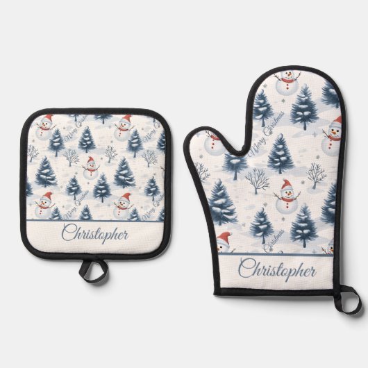 Schattigee sneeuwman en besneeuwde bomen vrolijk k ovenwant & pannenlap set (Voorkant)