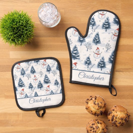 Schattigee sneeuwman en besneeuwde bomen vrolijk k ovenwant & pannenlap set (Top down)