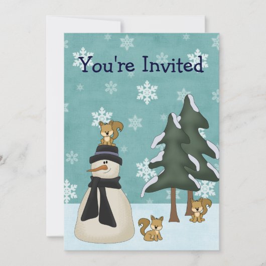Schattigee sneeuwman en eekhoorns winterverjaardag kaart (Voorkant)