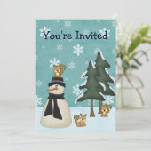 Schattigee sneeuwman en eekhoorns winterverjaardag kaart (Staand voorkant)