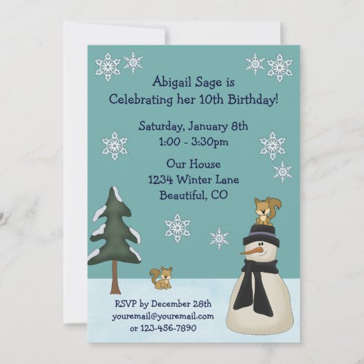 Schattigee sneeuwman en eekhoorns winterverjaardag kaart (Achterkant)