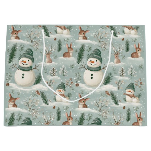 Schattigee sneeuwman en herten feestelijk groot cadeauzakje (Voorkant)