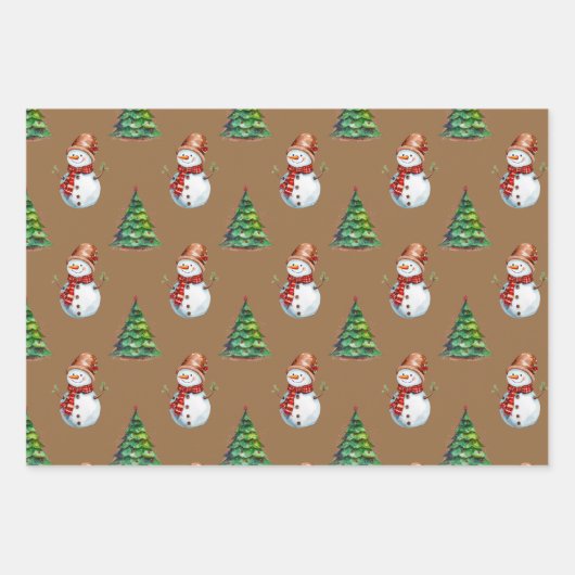 Schattigee sneeuwman en kerstboom Waterverf Patter Inpakpapier Vel (Voorkant 3)