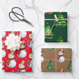 Schattigee sneeuwman en kerstboom Waterverf Patter Inpakpapier Vel