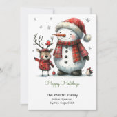 Schattigee sneeuwman en rendier blij feestdagenkaart (Voorkant)