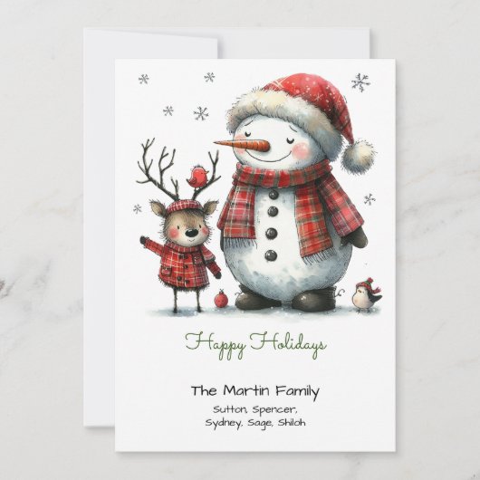Schattigee sneeuwman en rendier blij feestdagenkaart (Voorkant)