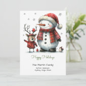 Schattigee sneeuwman en rendier blij feestdagenkaart (Staand voorkant)