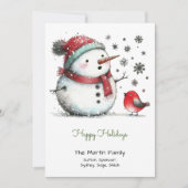 Schattigee sneeuwman en rode vogel blij feestdagenkaart (Voorkant)