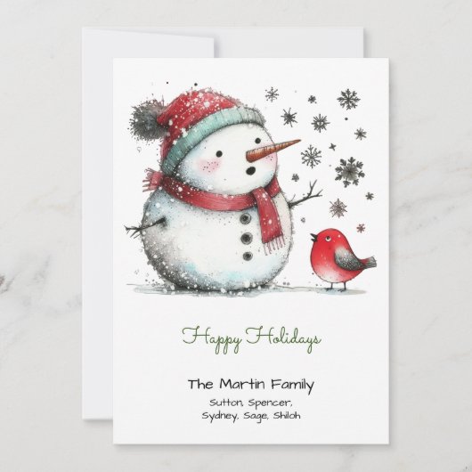 Schattigee sneeuwman en rode vogel blij feestdagenkaart (Voorkant)
