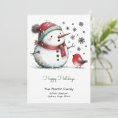 Schattigee sneeuwman en rode vogel blij feestdagenkaart (Staand voorkant)