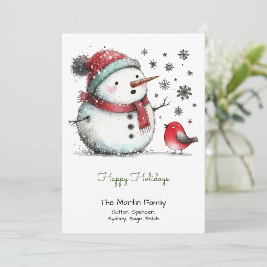 Schattigee sneeuwman en rode vogel blij feestdagenkaart (Staand voorkant)