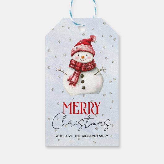 Schattigee sneeuwman en sneeuw Vrolijke kerstvakan Cadeaulabel (Achterkant)