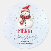Schattigee sneeuwman en sneeuwkerstvakantie ronde sticker (Voorkant)