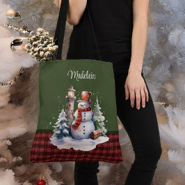 Schattigee sneeuwman en vuurtoren op Plaid Monogra Tote Bag