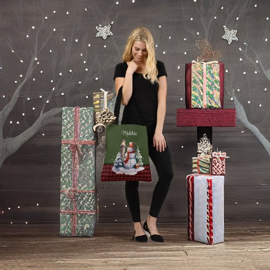 Schattigee sneeuwman en vuurtoren op Plaid Monogra Tote Bag