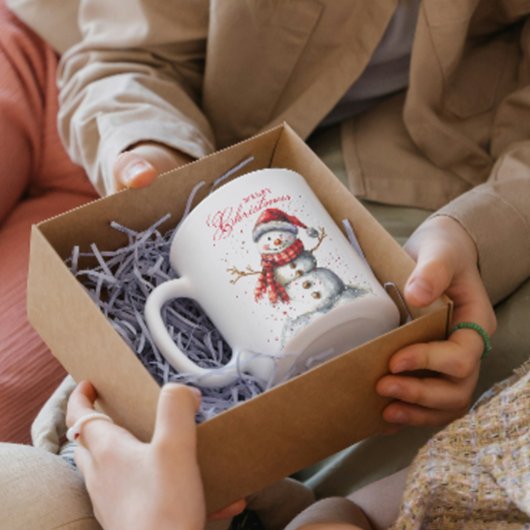 Schattigee sneeuwman en winterwitte vrolijke kerst koffiemok