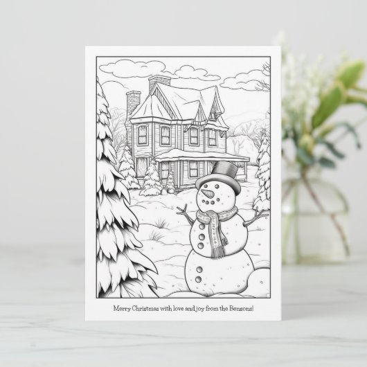 Schattigee Sneeuwman Familie Huis Kunst Kleuren Ke Feestdagenkaart (Staand voorkant)