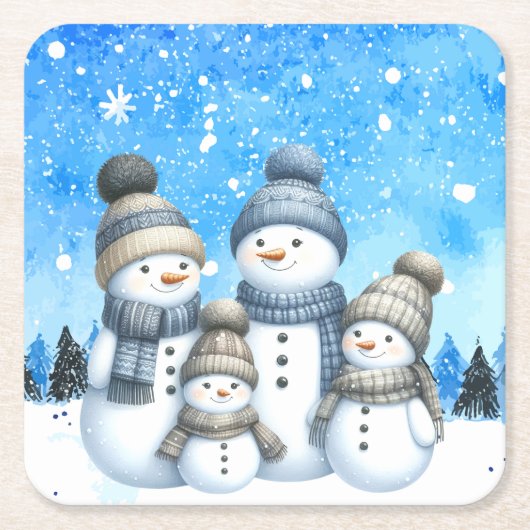 Schattigee sneeuwman familie in de sneeuw kartonnen onderzetters (Voorkant)