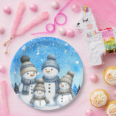 Schattigee sneeuwman familie in de sneeuw papieren bordje (Feest)