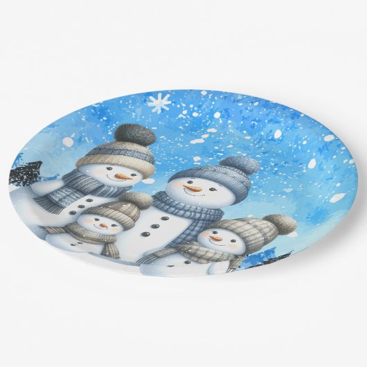 Schattigee sneeuwman familie in de sneeuw papieren bordje (Gekanteld)