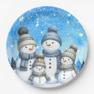 Schattigee sneeuwman familie in de sneeuw papieren bordje