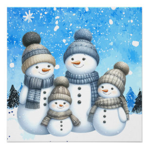 Schattigee sneeuwman familie in de sneeuw perfect poster