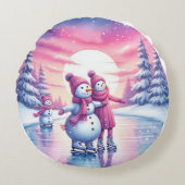 Schattigee Sneeuwman Familie Kerstkussen Rond Kussen (Voorkant)