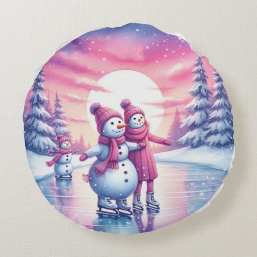 Schattigee Sneeuwman Familie Kerstkussen Rond Kussen (Achterkant)