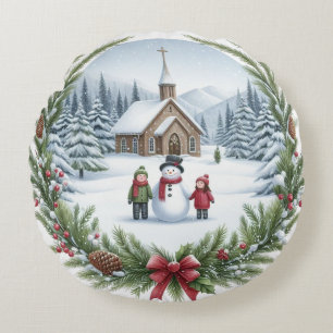 Schattigee Sneeuwman Familie Kerstkussen Rond Kussen